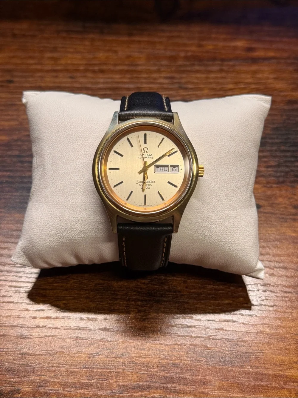 Omega Gold Dial Automatic Watch with Black Leather Strap